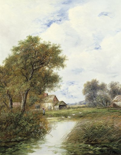 Pond with Ducks and Farmhouse Beyond by Joseph Thors